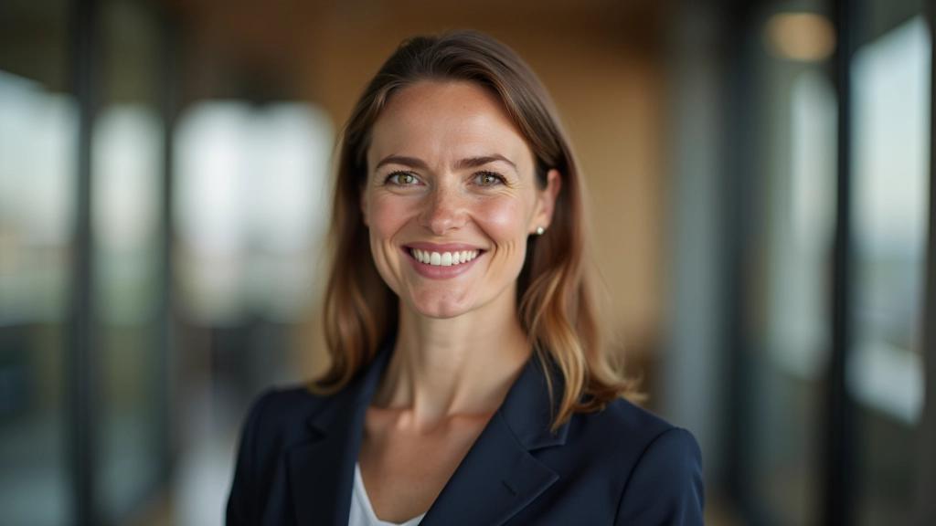 Vrouwelijke trainer in professionele outfit, portret van bovenaf, kantooromgeving, vriendelijke uitstraling