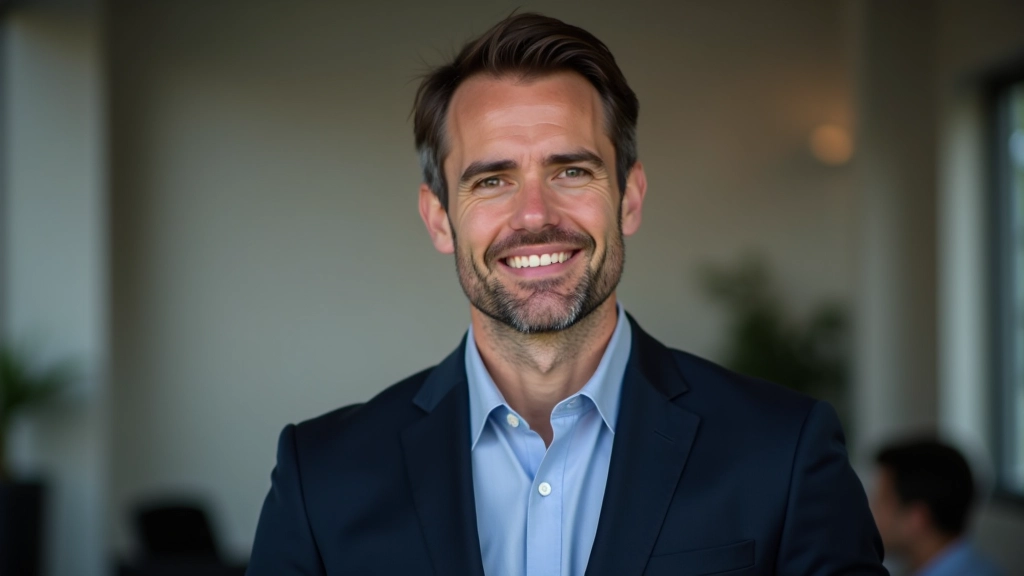 Mannelijke trainer in pak, portret zijdelings, zelfverzekerde houding, kantoor setting