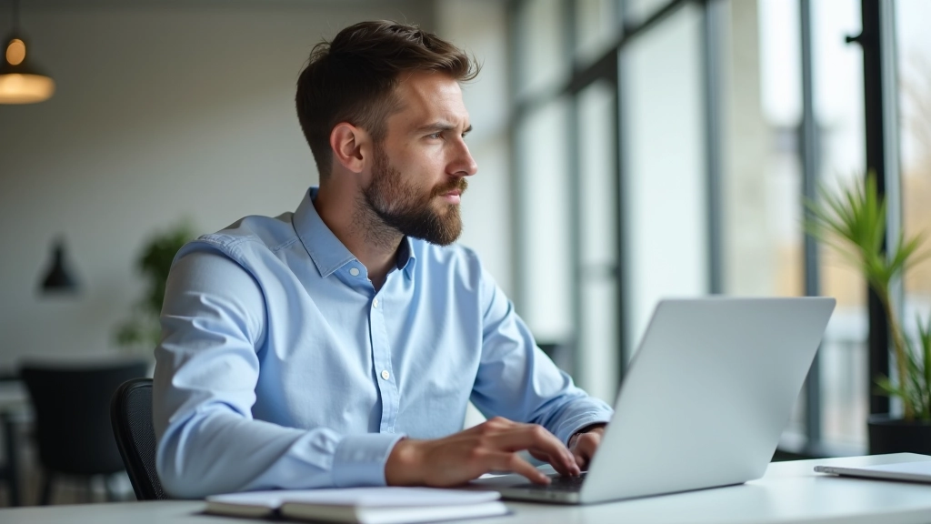Man zit aan bureau met laptop en maakt notities, geconcentreerde blik, helder kantoor