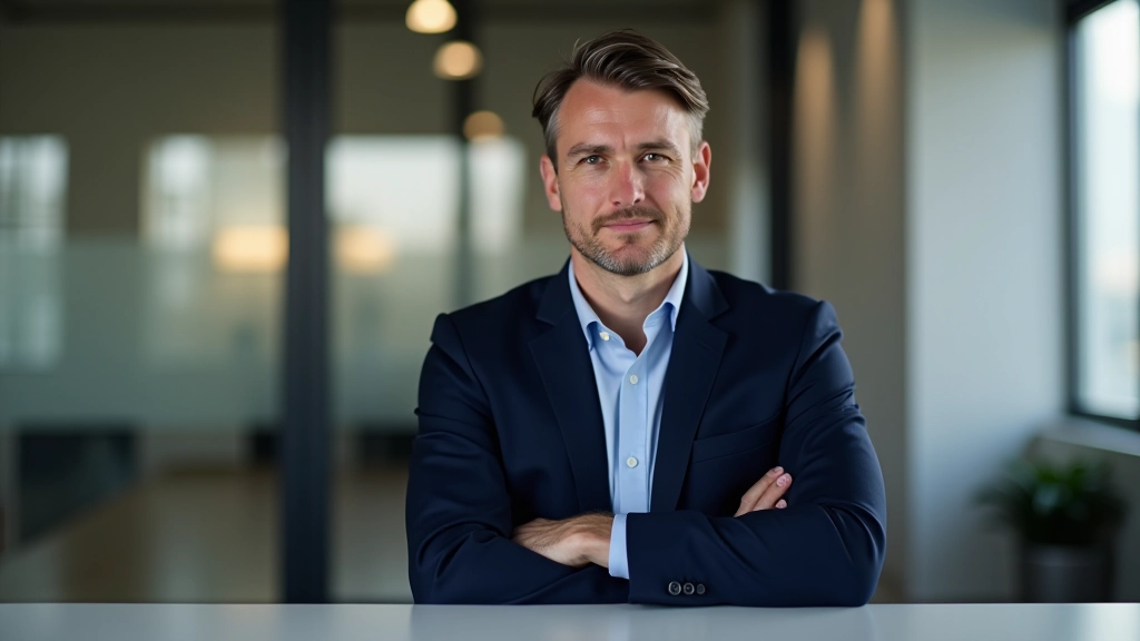 Man in zakelijk pak aan tafel met arm uitgestrekt in afweerdend gebaar, zelfverzekerde houding