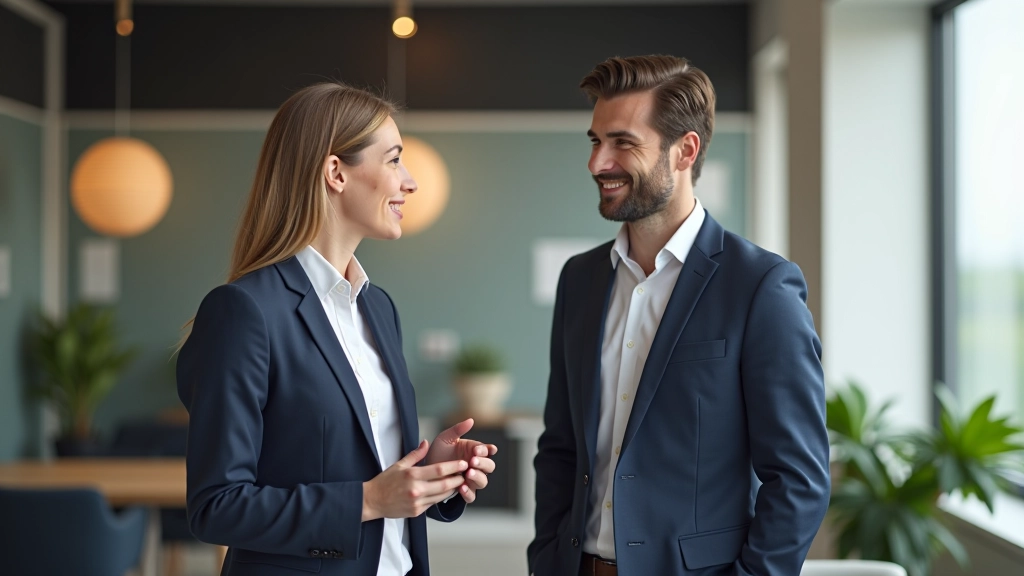 Twee collega's in open gesprek, glimlachend en ontspannen, tonen positieve communicatie dynamiek