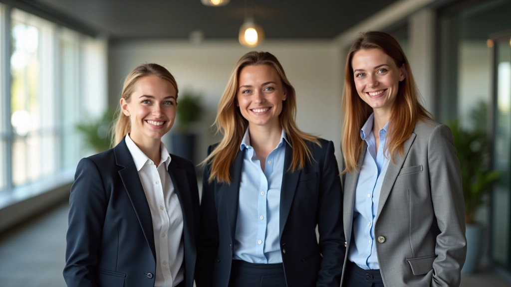 Groep van drie professionals staat samen in kantoor met zelfverzekerde houding, allemaal glimlachen