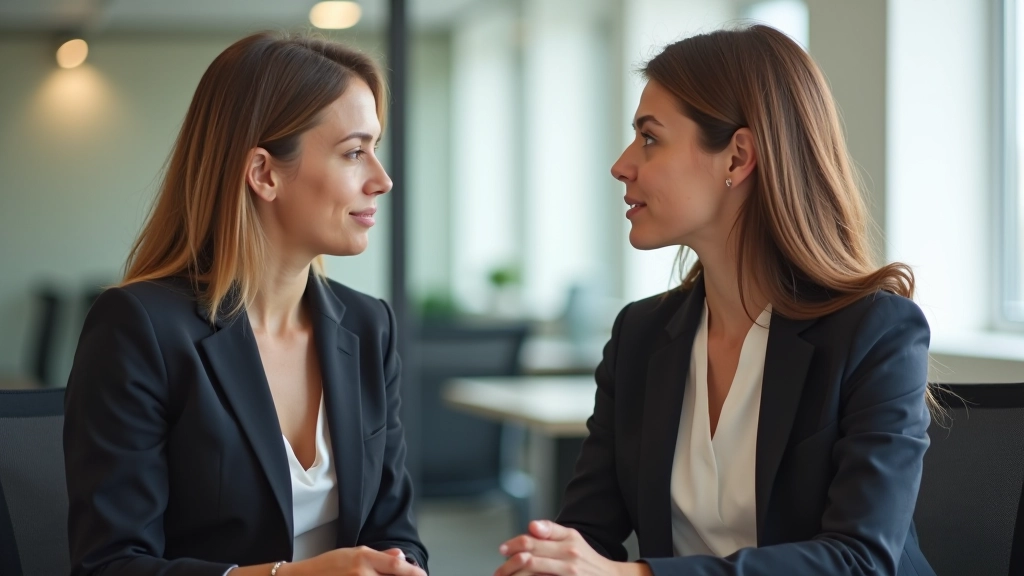 Twee vrouwen in zakelijk gesprek, één luistert aandachtig naar de ander in kantooromgeving