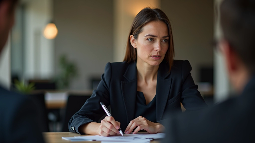 Vrouw zit aan tafel en luistert aandachtig naar collega, notities makend, concentratie