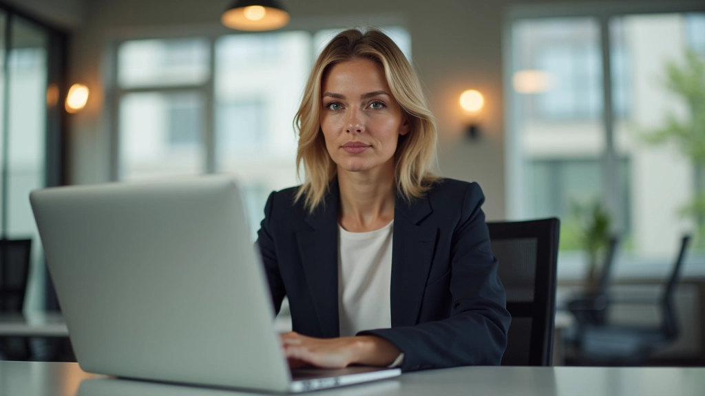 Professionele vrouw aan bureauwerk met gefocuste blik in kantoor