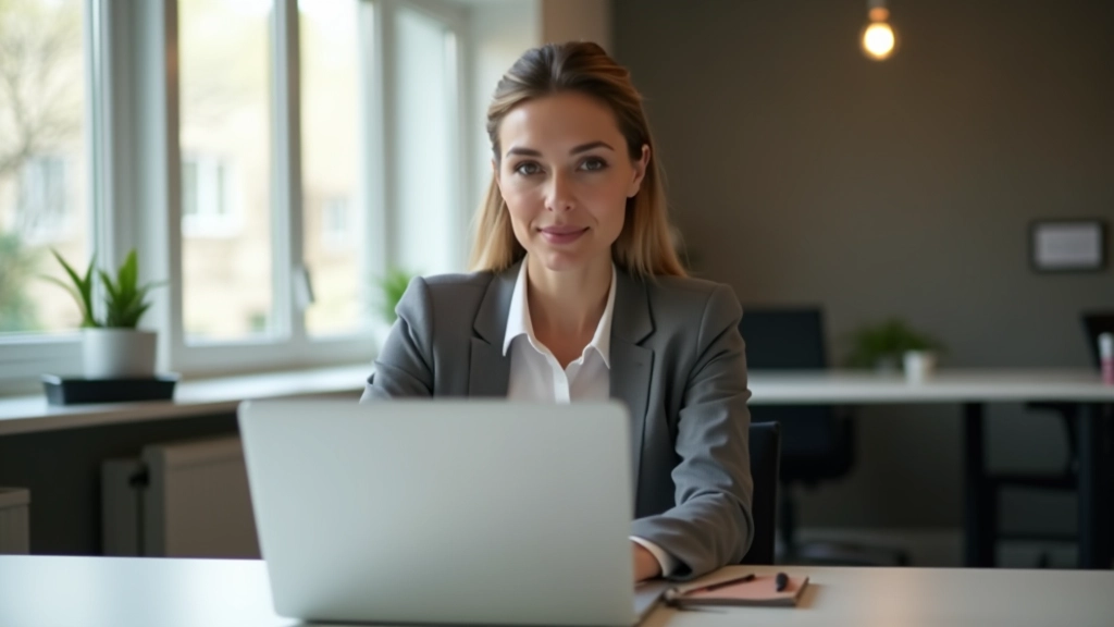 Professionele vrouw in kantoor aan bureau met laptop, zelfverzekerde houding, werkruimte